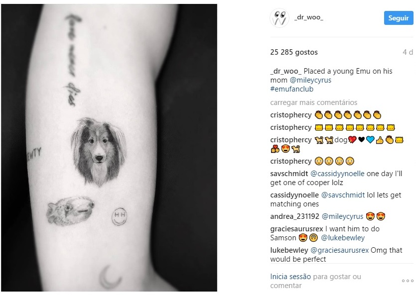 Miley Cyrus homenageia mais um de seus cães com tatuagem