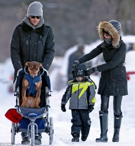Gisele e Tom Brady passeiam com a cadela Lua e o filho Benjamin. Foto: Reprodução / DailyMail