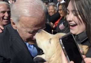 Ex-vice-presidente Joe Biden conhece cachorro chamado Biden em sua homenagem. (Foto: Reprodução / Yahoo News / AP)