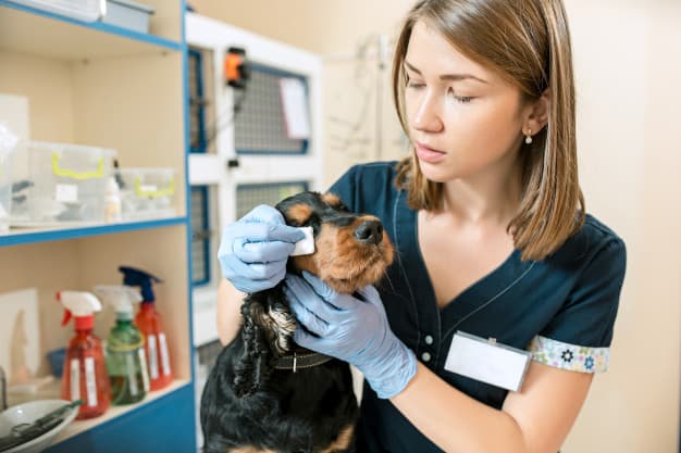 Veterinário examinando olho de um cachorro