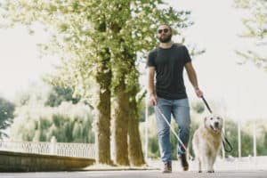 Homem cego caminhando com o seu cão-guia. Foto: Freepik
