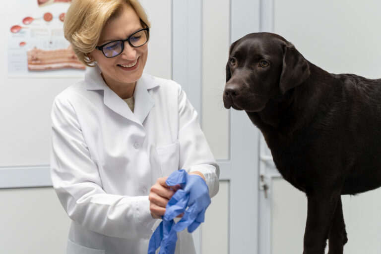 cachorro preto com veterinária 