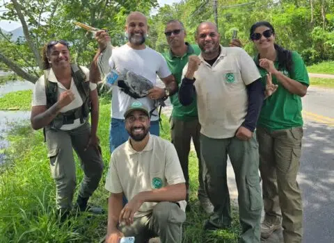 Equipe que resgatou a garça junto ao animal na beira do rio morto