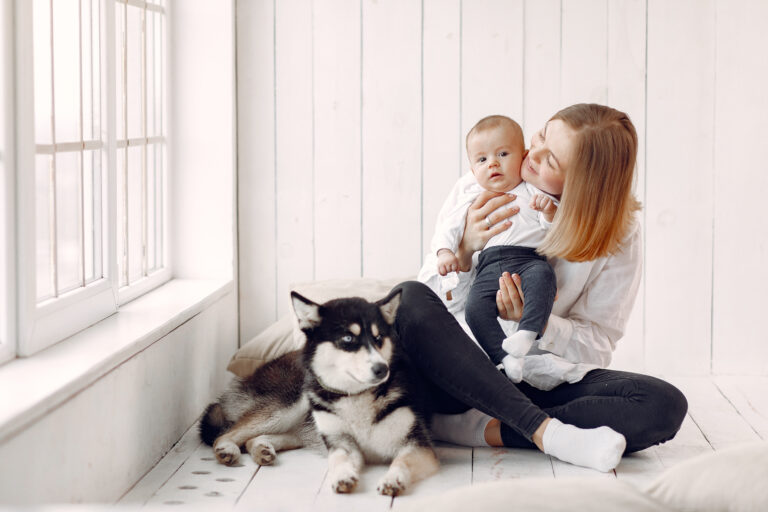 mae e filho brincando com cachorro em casa