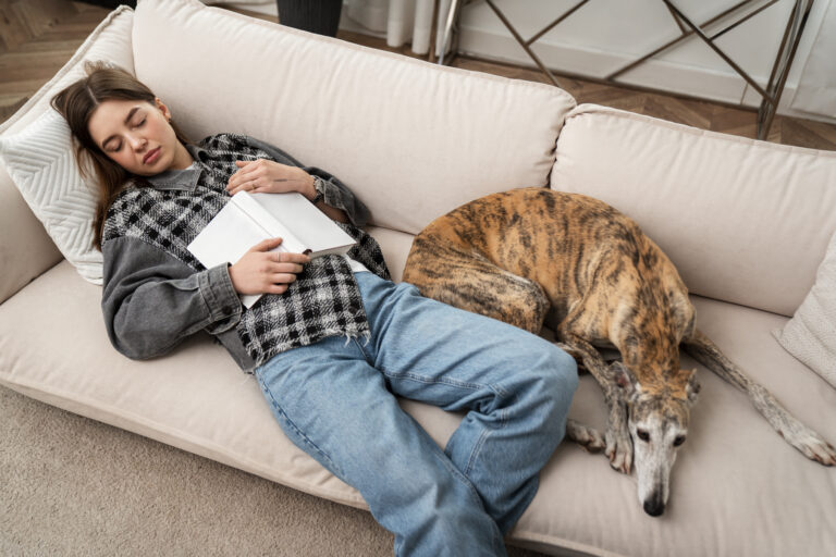 mulher de alto angulo e cachorro dormindo no sofa