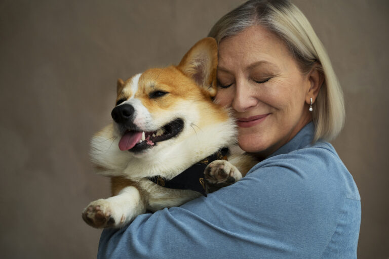 retrato de pessoa mais velha com seu cachorro